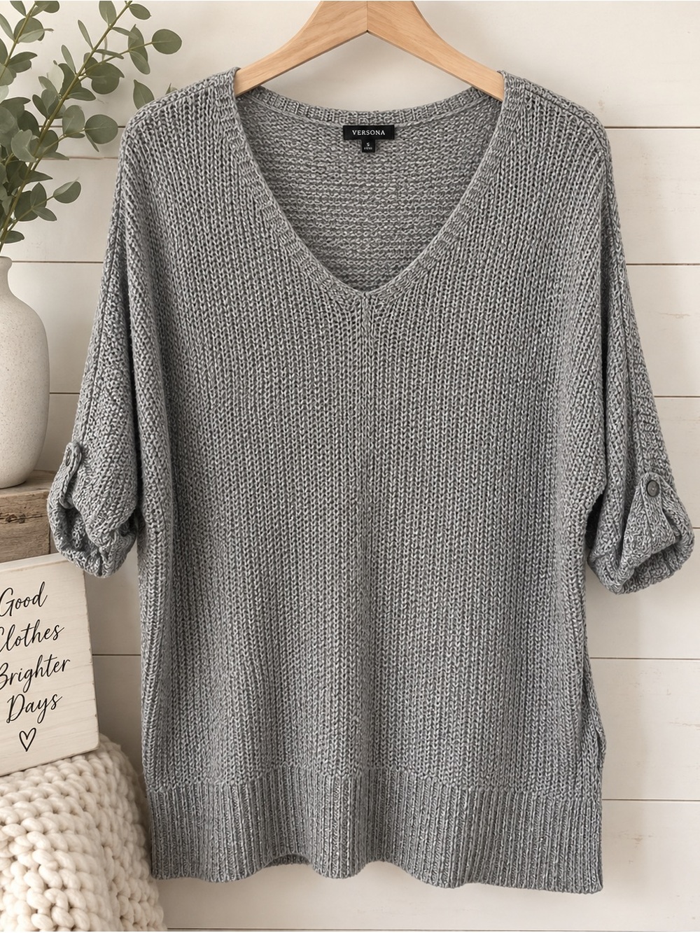 Versona Women's Light Gray V-Neck Knit half sleeve Sweater q